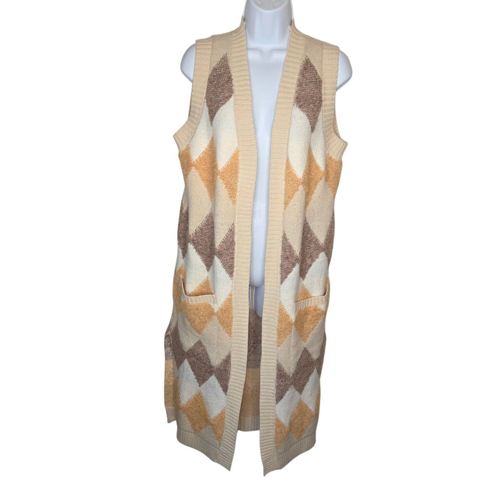 KERISMA Eco-Yarn Argyle Long Knit Sweater Vest Duster Open Front Pockets S/M